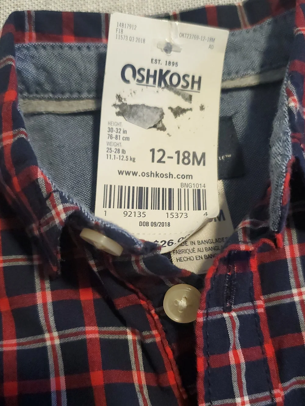 OshKosh B'gosh Navy and Red Plaid Baby Shirt, Size 12-18 M